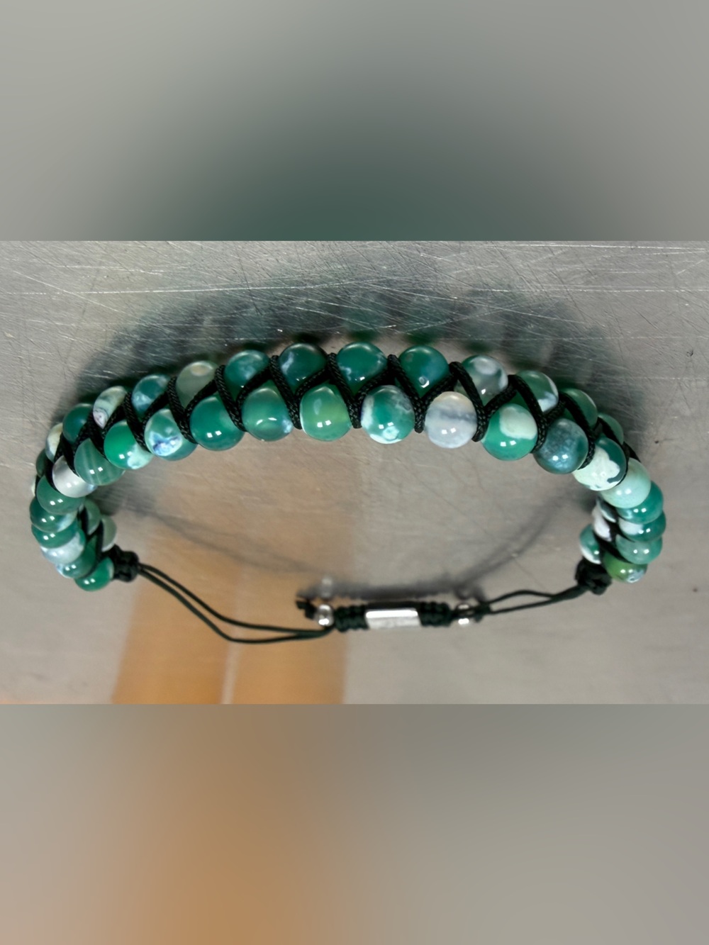 Emerald Green Beaded unisex  Bracelet with Branded Metal Tag